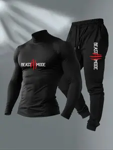 Men's Beast Mode High-Performance Hooded Sports Set, Fitted Long Sleeve Compression Top & Running Pants, Quick-Dry, Fitness, Gym, High Intensity Training, Athletic Workout Clothing, Tracksuit Set
