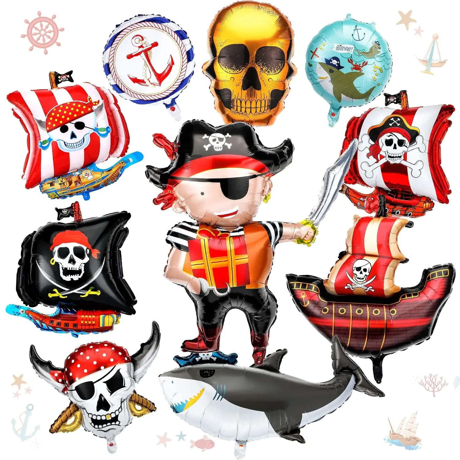 10 Pcs Pirate Ship Foil Balloons Pirate Birthday Party Supplies Pirate Party Decorations Ocean Birthday Decorations Pirate Balloons Pirate Ship Skeleton Shark Balloon For Birthday Party Supplies