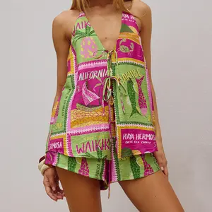 Women Shorts Set, Tree/Stripes Print Tie-up Vest with Shorts Summer Outfit for Party Club