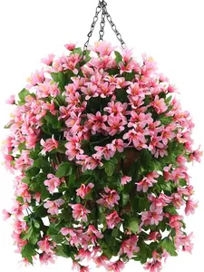 RZHfffhua Artificial Hanging Violet Flowers in Basket for Patio Garden Decor,Artificial Hanging Vine Plant in Basket,Coconut Lining Hanging Basket with Flower for The Decoration of Courtyard(Pink)