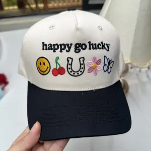 Happy Go Lucky Embroidered Trucker Hat, Cute Adjustable Trucker Cap, Cowboy Western Icon Embroidery Cap, Gift For Her