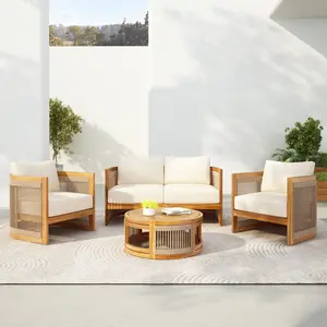 ARCH 4-Piece Patio Seating Group w/ 2 Chairs, Loveseat & Table Premium Acacia Wood Outdoor Furniture Set,  Curved Tub Design with Woven Rope Accents, Water-Resistant Cushions, All-Weather Slat Construction