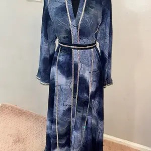 (No Returns) Asmirah Blue Embellished Water Print Abaya with silver Accents and Elegant Design for Special Occasion