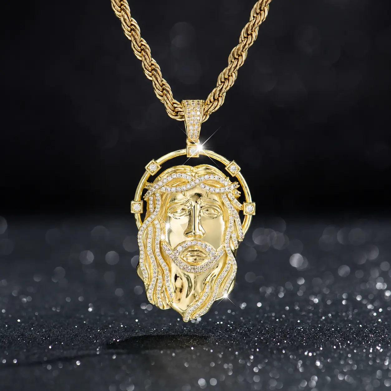 Jesus Cross Pendant Necklace Iced Out Chain For Women And Men 14K Gold Plated Thorn Headdress Jesus Crucifix Necklace Hip Hop Jewelry