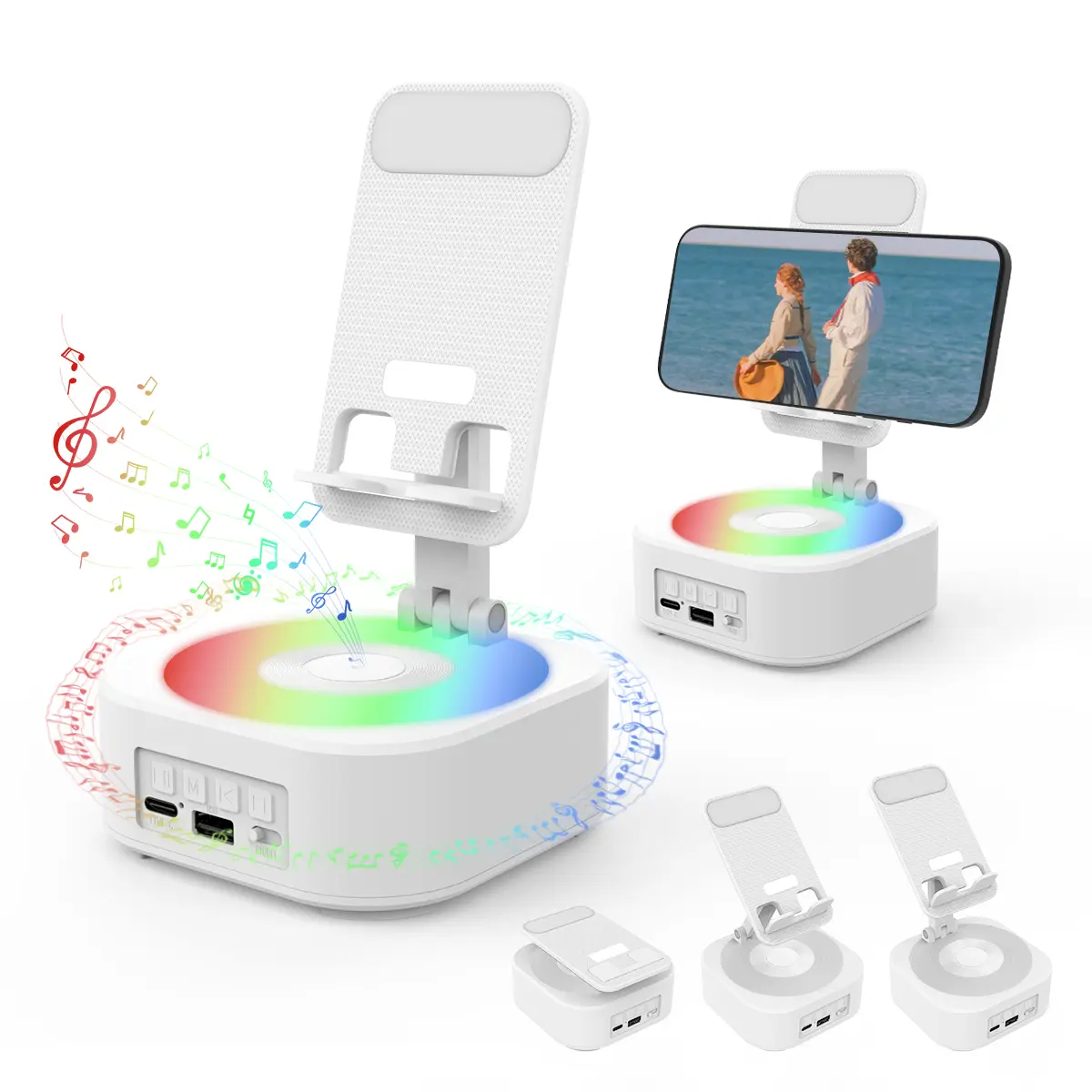 Elecomo 3-in-1 Chargeable Silicone Bluetooth Stereo Speaker - Foldable Portable Wireless Speaker with Phone Stand, RGB LED Light, USB Charging for Home Tech, Dorm Rooms, Smartphones, iPhones