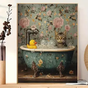 Funny Cat Bathroom  Art Poster, Cute Bathing Cat Canvas Print, Dopamine Aesthetic  for Bedroom, Bathroom & Apartment home backyard hall Light Up Rose and Heart Necklace Set religious living room bedroom   Newspaper wall Custom Blonde land decor family
