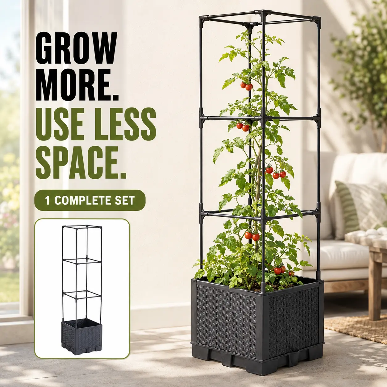 Costech 1 Pack Metal Tower Trellis with Square Planter Box, 44.1 Inch 3-Tier Climbing Plant Support with Rattan-Look Planter for Vines, Flowers and Vegetables, Indoor Outdoor Patio Garden