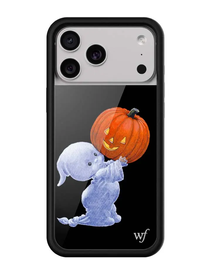 Boo | Limited Edition Trendy Collab iPhone Case | Raised Protective Black Bumper | Women Owned Small Business | Black Background White Ghost Holding Bright Orange Jack o Lantern Cute | Safety Casing Protective | Gift for Her