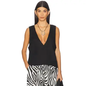 AEXAE Linen V Neck Top in Black