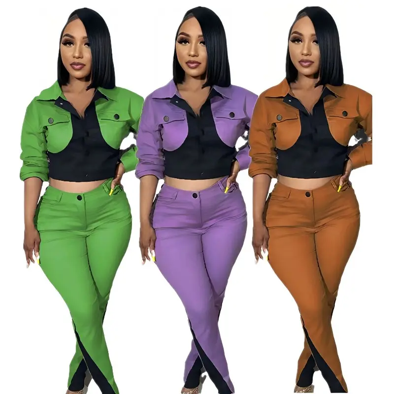 2026 New Fashion Women Casual Sports Stitching Contrast Color Long Sleeve Trousers Two 2 Piece Set Daily Outfits
