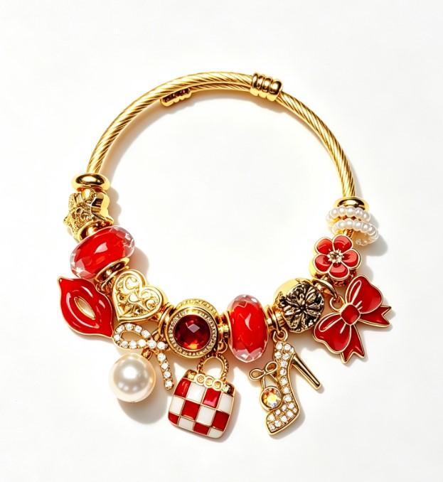 Fashion Red Lip & High Heel Charm Bangle, Gold-Tone Twisted Wire Hard Bracelet with Red Enamel & Pearl Beads, Western Style Jewelry for Women Fashion Red Lip & High Heel Charm Bangle, Gold-Tone Twisted Wire Hard Bracelet with Red Enamel & Pearl Beads, Western Style Jewelry for Women