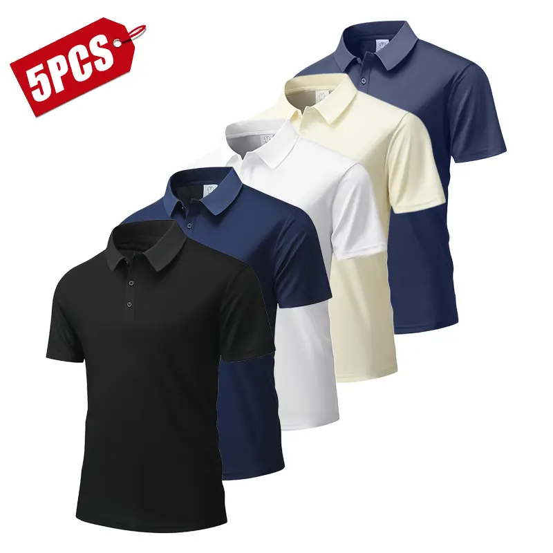 5-pack men’s fashion short-sleeve athletic shirts with buttons, casual collared design, stylish and versatile, polyester fabric—ideal for outdoor sports, suitable for dates, beach vacations, golf, tennis, and polo; a perfect gift for men.