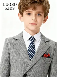 【 LUOBOKIDS 】 Boys' classic herringbone pattern autumn and winter thick formal suit 4-piece set, warm and stylish, birthday/wedding/ceremony/communion/performance dress (excluding shirt)