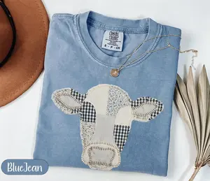 Faux Patchwork Cow T-Shirt, Quilted Farm Animal Head Tee, Gingham Floral Rustic Cow Lover Shirt, Cottagecore Farmhouse Gift