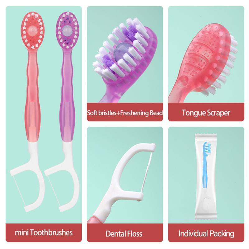 5-in-1 Mini Travel Toothbrush Set, 26 pcs portable disposable toothbrushes with toothpaste, dental floss, tongue scraper, and toothpicks; compact oral care kit with soft bristles, individually wrapped; fresh breath on the go—ideal for business trips and t