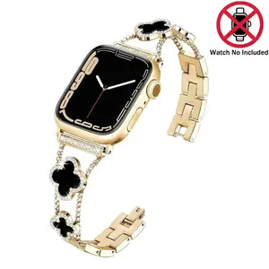 Black Shell Clover Slim Metal Bracelet for Apple Watch - Elegant Business Dressy Strap Fit Ultra 2/Ultra/Series 9-1/SE/SE2 (38-49mm) Unisex (Watch Not Included)