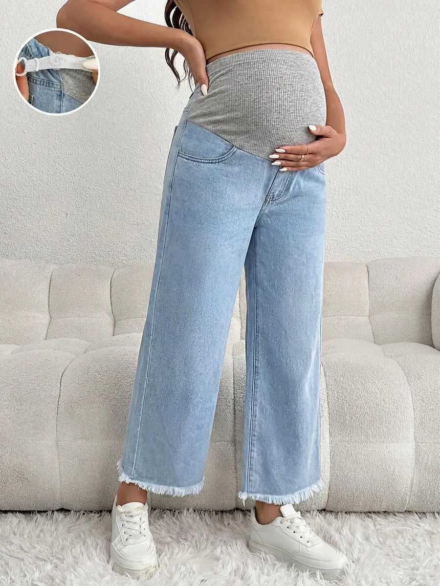 NANCY Maternity Casual Loose Blue 3/4 Jeans With Gray Waistband Patchwork