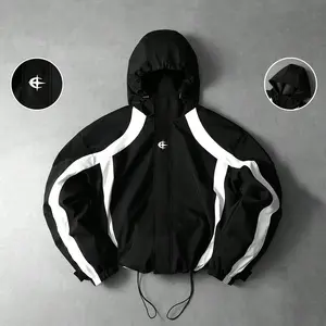 American Vintage Colorblock Hooded Jacket Street Style Drawstring Design Casual Windproof Coat