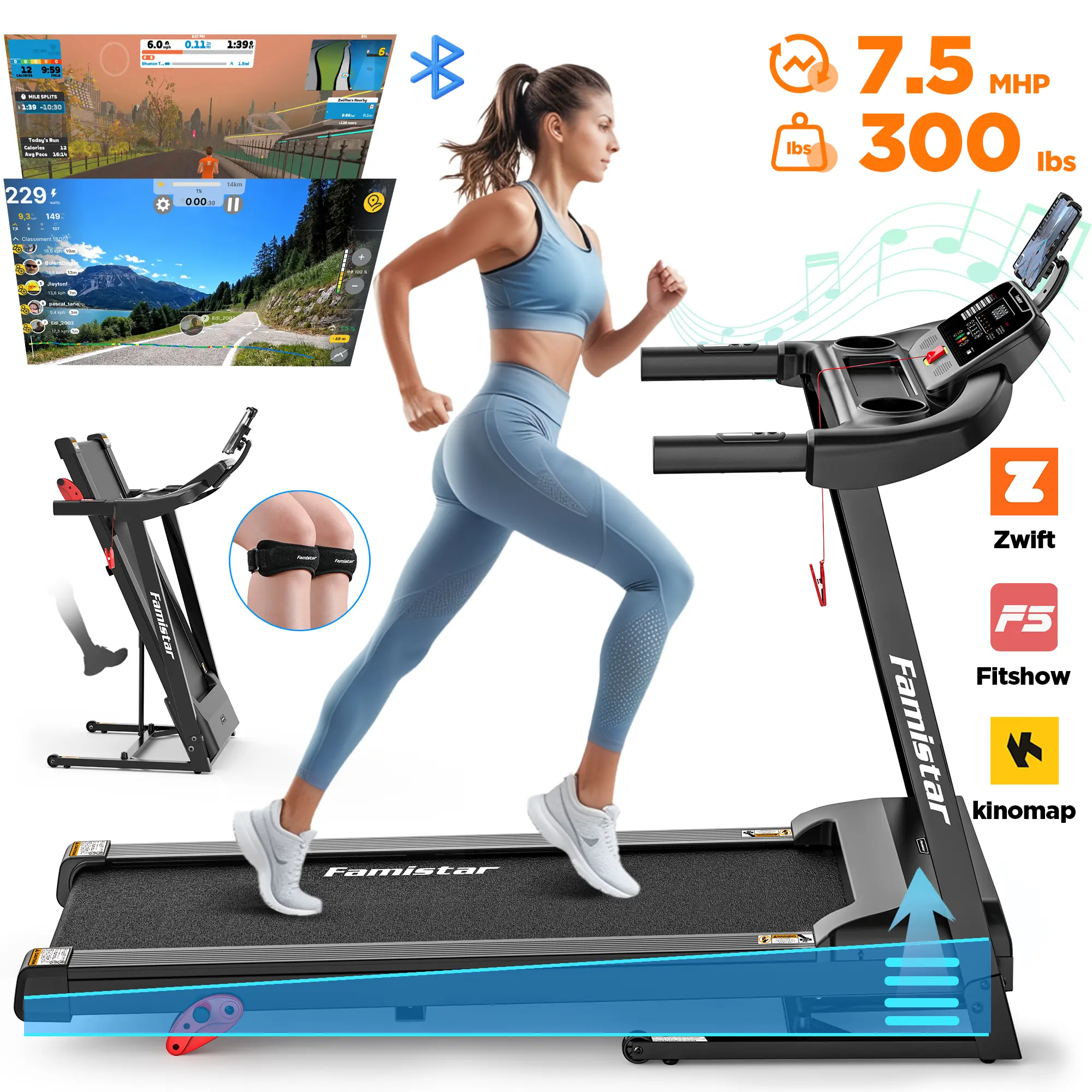 Famistar Foldable Treadmill for Home Gym, Electric Exercise Treadmill with Adjustable Incline, 64 Programs, APP Control, 7.5MPH, Bluetooth Speakers, 300lbs Capacity