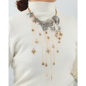 Fashion Multi-layer Tassel Pendant Moon Pentagram Sun Full Diamond Necklace for Women Bohemian Style