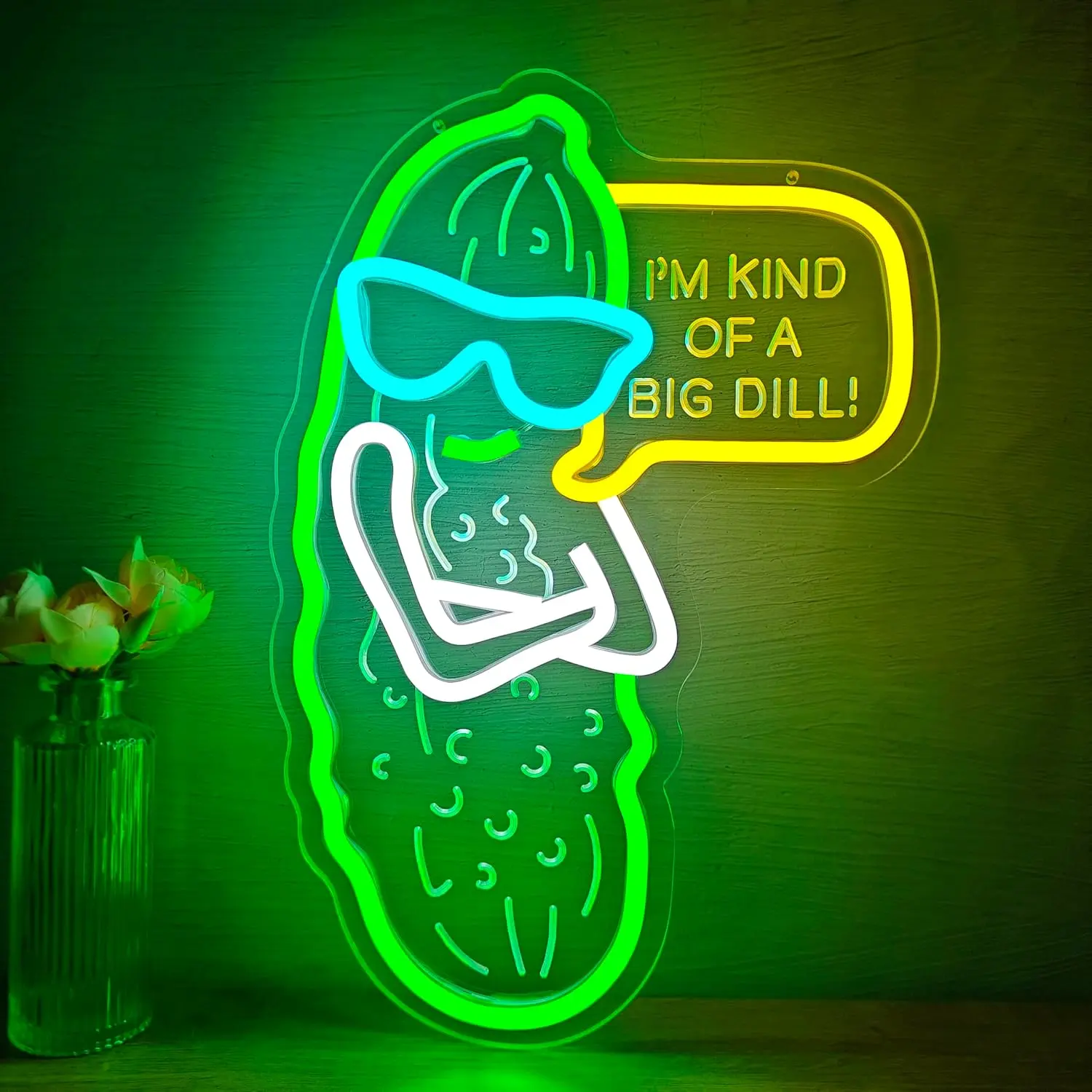 Neon sign with the inscription “I’m kind of a big dill,” funny LED sign, dimmable, dill pickle gifts, neon lights, pickle gag gifts, illuminated sign, cucumber sign for home