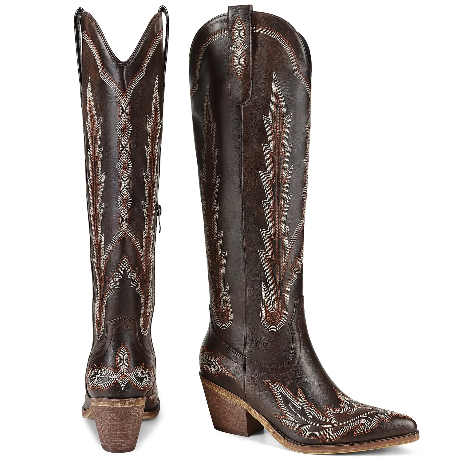 LOCERICH Women's Embroidered Knee-High Cowboy Booties - Pull-On Footwear with Pointed Toe, Chunky Heel, Rubber Sole, Wild West Urban Cowboy Style for Country Concert Casual Wear, All Seasons