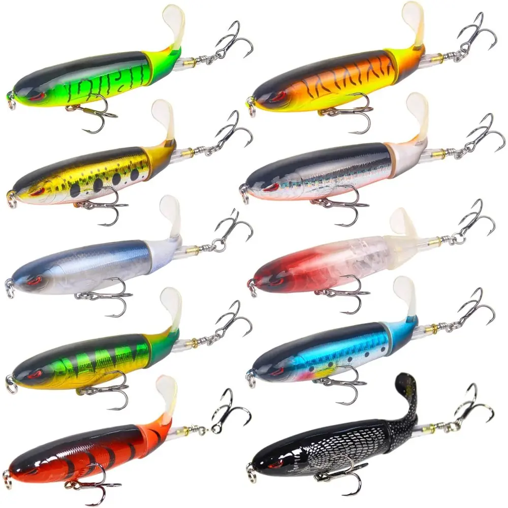 3/5/6/10 Pcs Whopper Fishing Lure, for Bass Popper Top Water Fishing Lures, with Floating Rotating Tail Barb Treble Hooks, in Saltwater Freshwater Plopping Lures Kit, Attend a Party as a Gift to Give