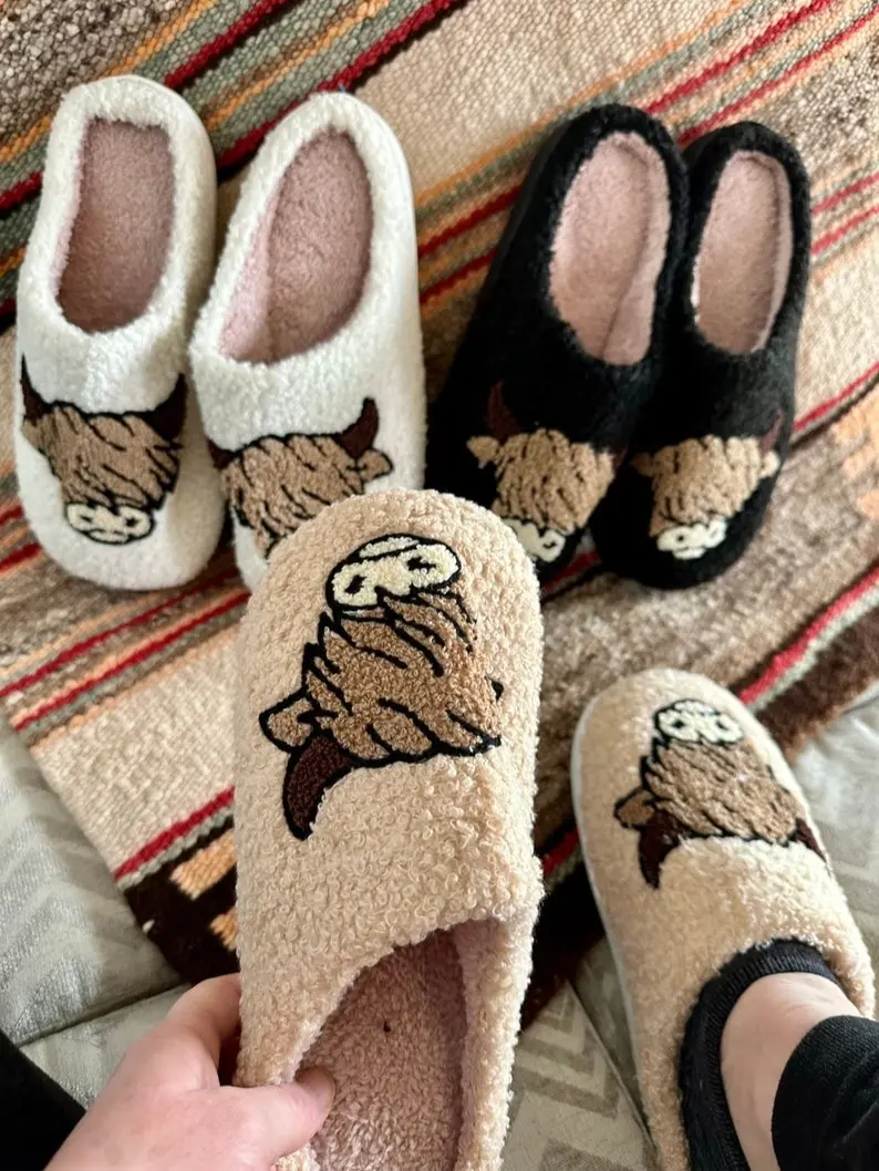 Scottish Highlander Cow Slippers Fuzzy Cowgirl House Shoes Dorm Shoes Highlander Slippers