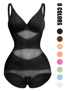 Women's Plain Sheer V Neck Shapewear Bodysuit, Casual Adjustable Strap High Stretch Shapewear Clothing, Women's Shapewear, Body Shapewear