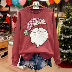 Cherrybetty Christmas Santa Embroidered Long Sleeve Sweatshirt Festive Design for Holiday Wear Women's Casual Crewneck Tops Cute Sweatshirt Fall Outfits Excellent New Year Gifts