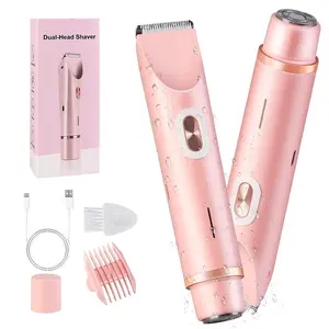 Bikini Trimmer for Women, Electric Shaver and Razor Rechargeable 2-in-1 Bodyand Facial Hair Removal Double Head forPainless Trimming of Pubic Face UnderarmLegs,IPX7 Waterproof, pink