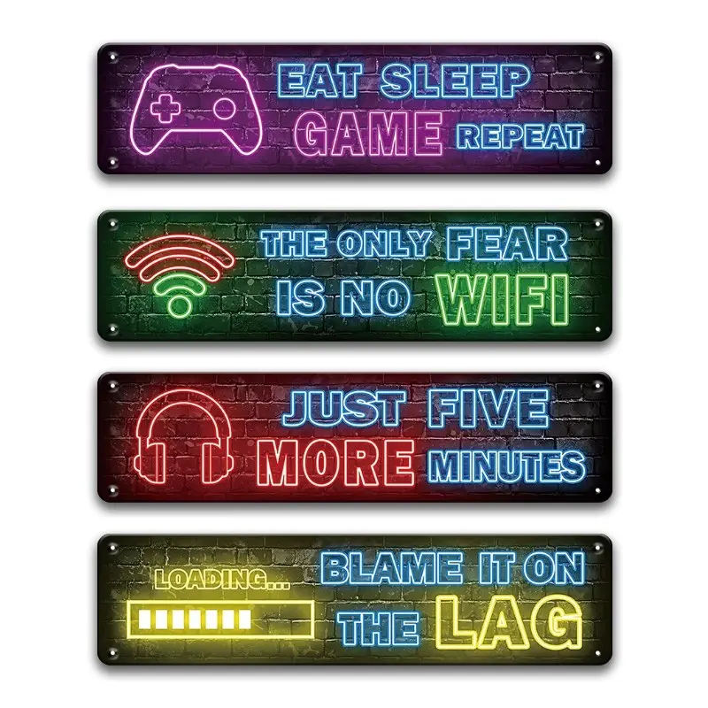 4 Pcs Set Printed Neon Gaming Posters Metal Tin Signs, Teen Boys Room Decorations, Home Office Decor, Living Room Decor, Gamer Wall Art Decor for Bedroom, Home Decor Products, Cool Decor