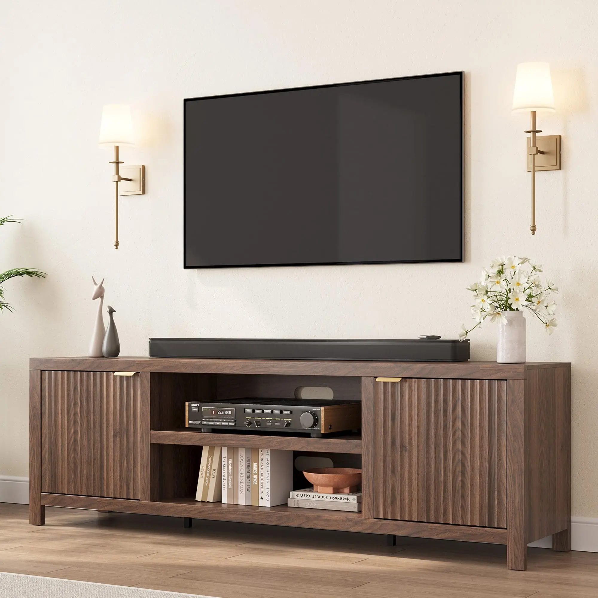 80-Inch Fluted Wooden TV Stand - Modern Entertainment Center with Storage, Fluted Doors and Gold Handles - Natural Oak Furniture Living Room, Living Room Decor, Media Console