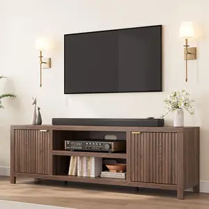 Fluted TV Stand For 75 Inch TV 70 Inch Wide Natural Oak Entertainment Center Media Cabinet With Adjustable Shelves Modern Storage Console For Living Room