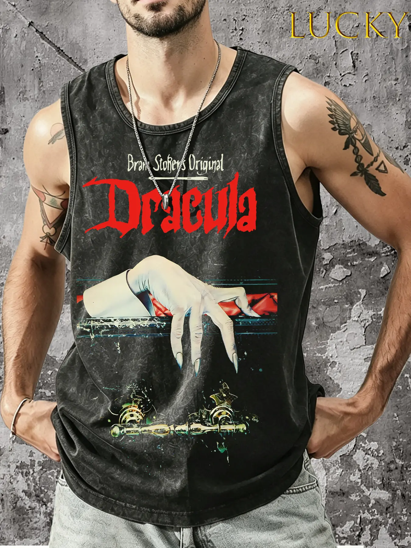 American retro washed classic vampire IP "Dracula" themed vest, Bram Stoker's Origin/Dracula vampire themed mysterious and dark atmosphere outfit, classic symbol outfit of Dracula image