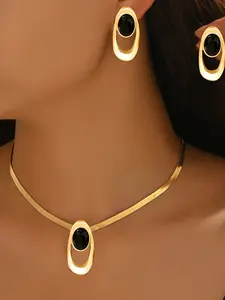 Women's Fashion Jewelry Set, Irregular Oval Pendant Necklace & Earrings, Leather Cord Design, Daily Wear Party Gift