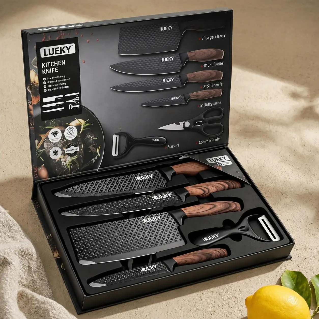 6-Piece Kitchen Knife Set High Carbon Stainless Steel Chef Knife With Anti-Stick Ergonomic Wood Handle Sharp Cutlery Set Cleaver Slicing Utility Knife Scissors Peeler Non-Stick Gift Box