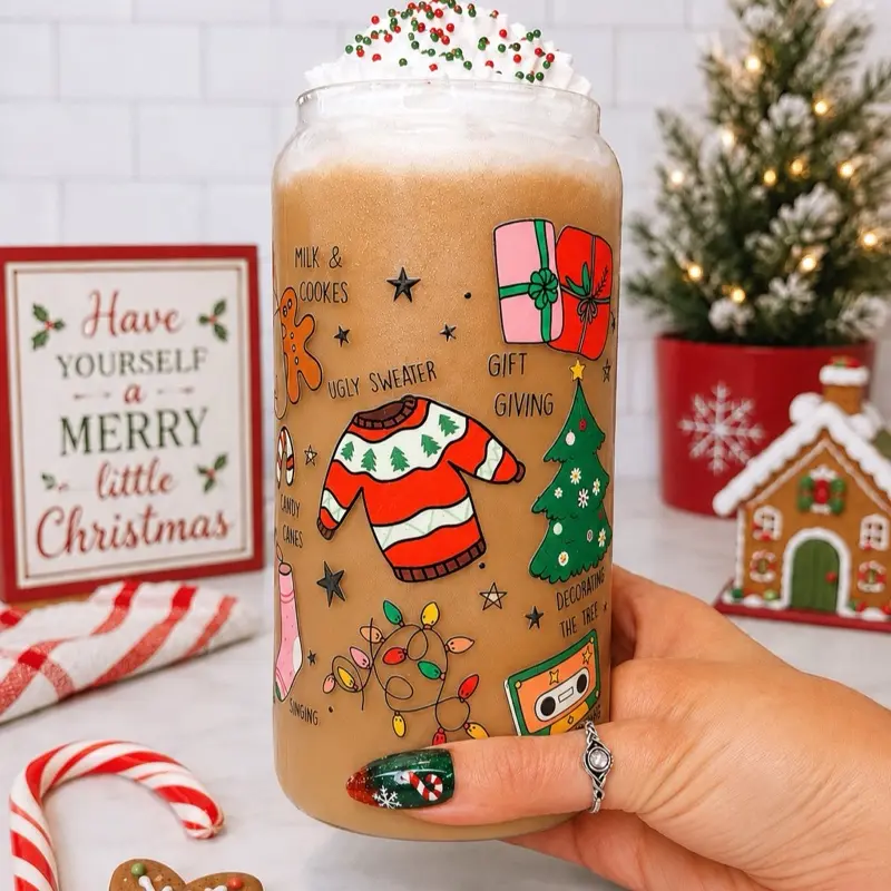 JCH Hydration 16oz Christmas Glass Can Cup with Lid and Straw - Portable, Washable Iced Coffee Beverage Drinkware, Women's Christmas Gift Mug, Acrylic Water Bottle Tumblers Reusable