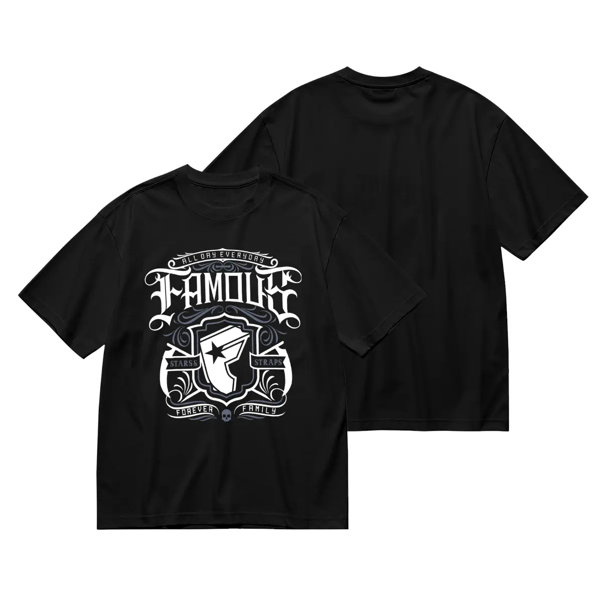 Men's Black Famous Steam Graphic Cotton T-Shirt, Crew Neck Tee with Star And Strap Prints Breathable All-Season Easy-Care Casual Wear