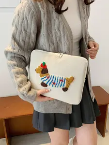 White Laptop Tablet Bag 11-15Inches with Cute Dachshund Applique Design Shockproof Padded Sleeve for MacBook iPad and Portable Computers, Padded Laptop Compartment, Lightweight Computer Bag