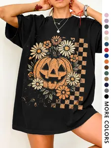 Women's Deep Casual Campus Style T-Shirt, Fashion Streetwear, Vintage High-End Slim Fit, Halloween Pumpkin Cartoon Print