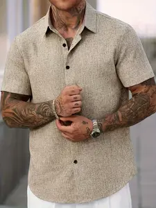 Men's Linen Solid Color Button-Down Short Sleeve Shirt, Casual Loose Fitted, Casual Fashion Shirt, Casual Party Shirt Summer Commute Wear, Perfect for Outdoor Activities