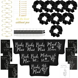 48 Pcs 8 Sets Bridesmaid Proposal Gifts Bulk Wedding Will You Be My Maid of Honor Matron of Honor Bridal Shower Makeup Bags Scrunchies Bracelets Cards for Wedding Bridesmaids(Black)