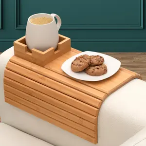 Bamboo Couch Cup Holder Tray – Non-Slip Sofa Armrest Table for Mugs & Tumblers, Weighted 16" Large Furniture Protector for Recliners, Sofas & Loveseats, Natural Bamboo