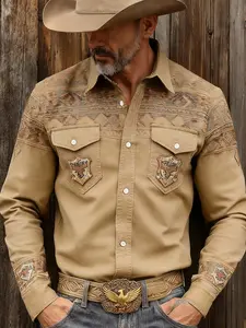 Men's Western Retro Style 3D Digital Print Graphic Button Long Sleeve Shirt, Deep Distressed Gradient, Casual Daily Wear