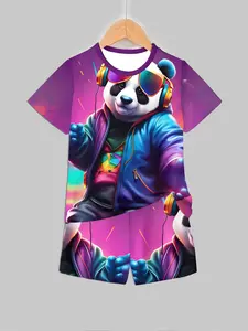 Kids Purple Vibrant Cool Panda DJ All-Over Print Casual Set, Short Sleeve T-Shirt and Shorts Two-Piece
