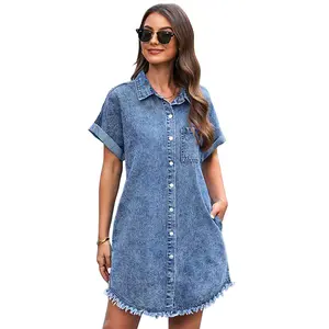 luvamia Denim Dress for Women Button Down Short Sleeves Casual Summer Jean Shirt Dresses with Pockets Frayed Hem Womenswear Shortsleeve Minimalist valentine's day outfit graduation dress birthday dresses