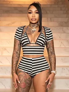 Women's Three-Piece Set Striped Fitted U-Neck Short Cardigan & Halter Top & High-Waisted Shorts, Trendy Colorblock Design, Perfect for Parties & Music Festivals