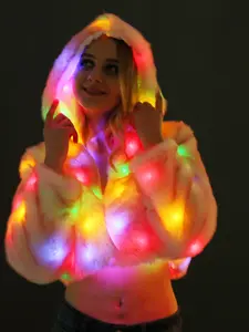 Women's LED Light-Up Short Faux Fur Hooded Jacket, Fluffy Party Coat for Night Events, Trendy Casual (Without Batteries)
