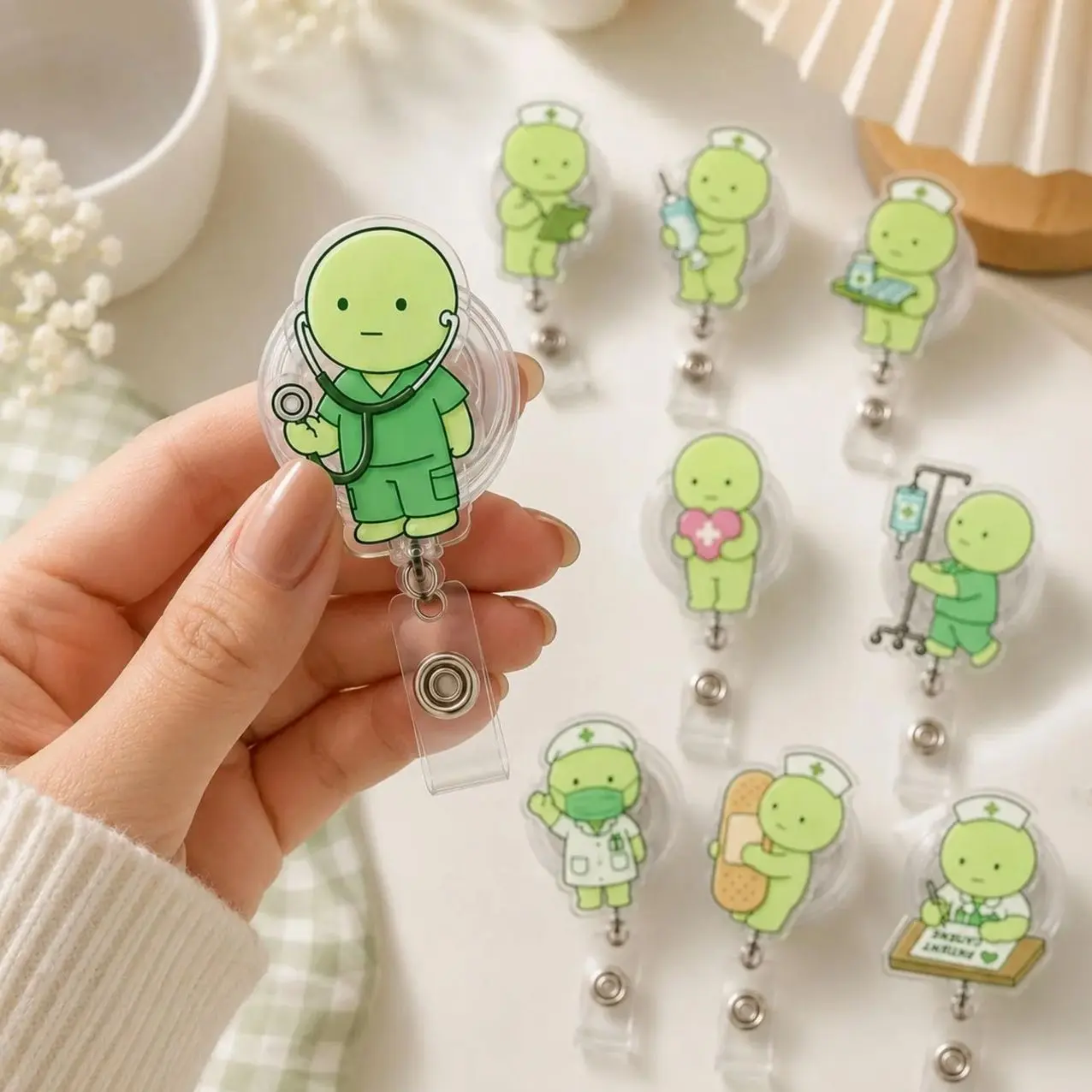 Kawaii Green Guy Nurse Badge Reel, Green Guy Matcha Badge Reel ID Holder, Green Guy Nurse Gift, ICU RN Er Nurse Badge Reel